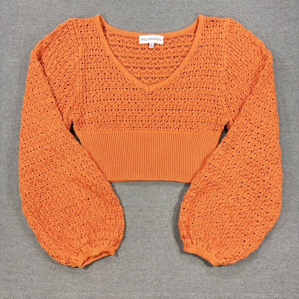Willow & Wind Sweater Women Small Orange Crochet Knit Crop Balloon Sleeve V-Neck